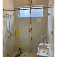 Frameless Wall to Wall Sliding Door With Chrome Fittings 3 Panels Set Up